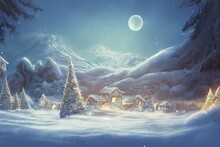 Beautiful Tree In Winter Landscape In Late Evening In Snowfall, Digital Art, Illustration Painting