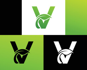 Abstract letter V green leaf logo