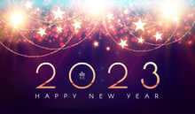 Happy New 2023 Year Elegant Gold Text With Fireworks And Light Effects.