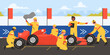 © Flash Vector - Car repair at sport races by professional team of mechanics in uniform vector illustration. Cartoon workers of technical maintenance crew with equipment change tires of red fast automobile on track
