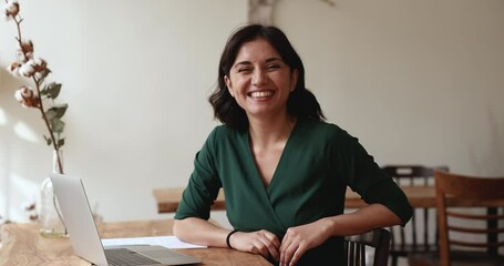 Wall Mural - Successful businesswoman, career growth, professional advance, promoted office employee woman portrait. Young ambitious business lady sit at desk with laptop distracted from work, smile look at camera