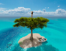 Boat And Man On A Tree On A Sandy Island In The Ocean