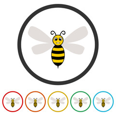 Sticker - Bee cartoon smile face icon. Set icons in color circle buttons