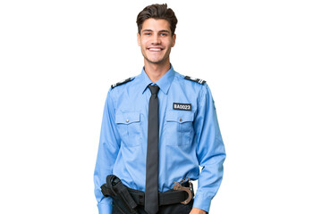 Wall Mural - Young police man over isolated background laughing