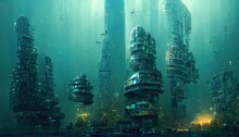 Abstract Futuristic City Under Water, Future Of Humanity, Future Civilisatoin, Ecology.