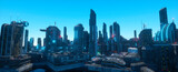 Fototapeta Londyn - Neon futuristic city. Urban future. Bright neon day in a city of a future with blue neon lights. Futuristic skyscrapers with bright glowing lights. Cyberpunk scene. 3D illustration.