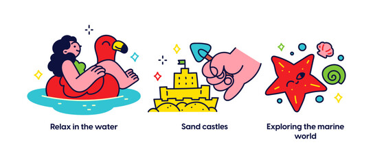 Sticker - Summer activities and vacation concept illustrations. Collect shells, Sunbathing, Yummy ice-cream. Relax in the water, Sand castles, Exploring the marine world. Visual stories collection