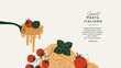 Fettuccine pasta on a fork. Italian food horizontal design template. Textured vintage illustration. Vector illustration
