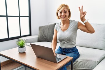 Poster - Middle age blonde woman using laptop at home smiling looking to the camera showing fingers doing victory sign. number two.