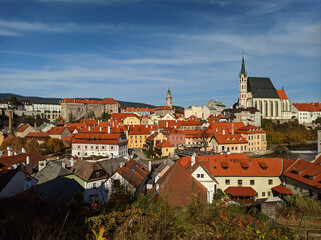 Poster - Picturesque autumn cityscape of Cesky Krumlov overlooking its historic centre and ancient Castle on bank of Vltava river, Czech Republic