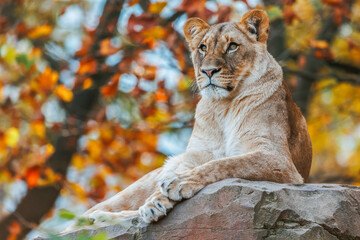 Wall Mural - Lioness lies on a stone and watches