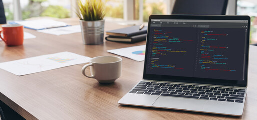 Software development programming on computer screen for modish application and program coding