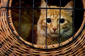 Poster - Cute cat visible from the wooden cat house