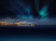 © Aleksandr - Night city blurred light on horizon at sea blue water wave and Aurora borealis on starry sky