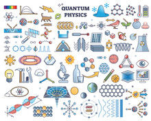 Quantum Physics Elements With Particle Property Study Outline Collection. Items Set With Matter And Energy Research In Fundamental Level Vector Illustration. Scientific Nature Observation Assets.