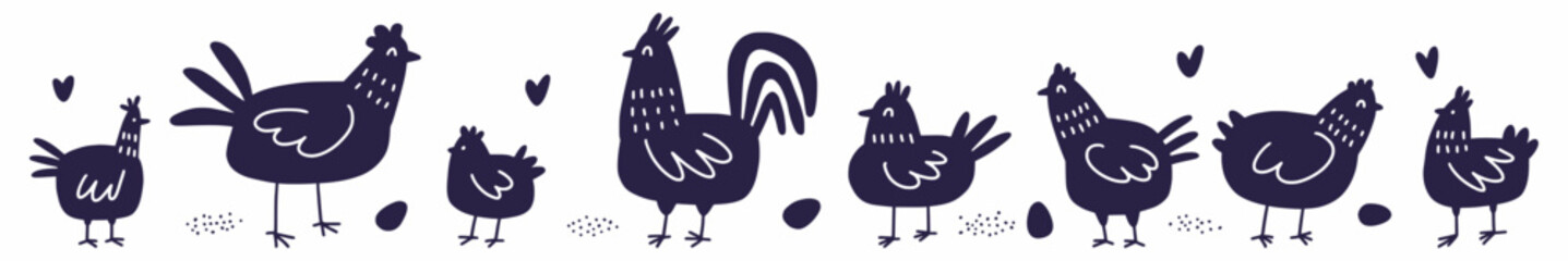 Vector horizontal pattern with a chicken family hand-drawn in the style of a doodle. Easter drawing.