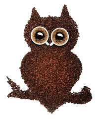 Sticker - Lots of roasted coffee beans and coffee cups in a shape of an owl