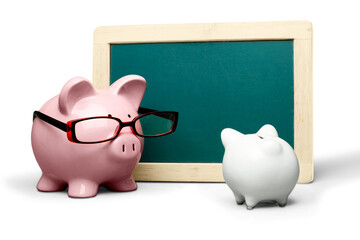 Wall Mural - Pink piggy banks and chalkboard on white background