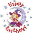 © Alexey Bannykh - Happy birthday card with a funny little witch sitting on a shining crescent moon and waving in greeting on a mysterious starry night, vector cartoon illustration on a white background