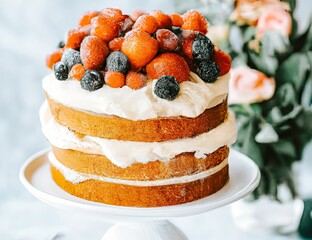 Canvas Print - Hyper realistic illustration of a cake with whipped cream filling and berries on top