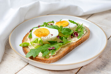 Boiled egg on bread with arugula. Healthy food