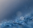 Macrophotography of snowflakes on the pile of a blue sweater, soft selective focus, bokeh