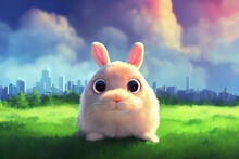 Big White Snout Fangs, Bright And Colorful Fluffy Toy Monster, Rabbit Ears, Plump. Cute And Adorable Plush Monster With Big Ears. 3d Illustration. Digital Art Style, Illustration Painting