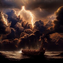 Noah's Ark On The Sea Storm Clouds Deluge Digital Art 3D Render