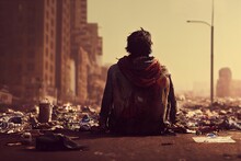 Homeless Man Sitting On The Street Among Garbage - Digital Art, 3D Render