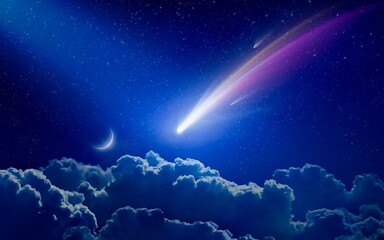 Wall Mural - amazing unreal background: giant colorful comet in starry night sky over clouds. comet is icy small 