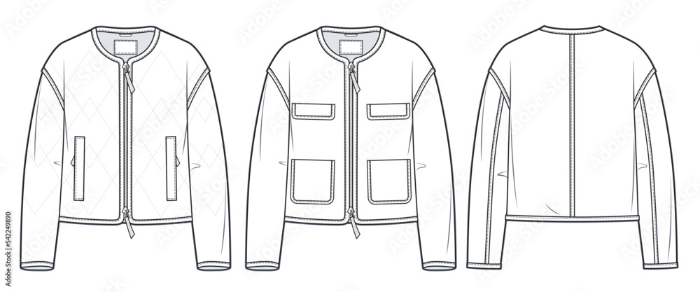 Women's quilted padded Jacket technical fashion Illustration.  Crop Jacket technical drawing template, zip-up, long sleeve, pockets, front and back view, white, CAD mockup set.