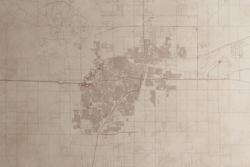 Map of Amarillo (Texas, USA) on an old vintage sheet of paper. Retro style grunge paper with light coming from right. 3d render