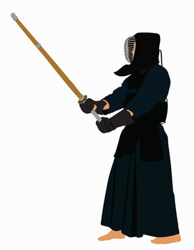 Illustration of kendo fighter in traditional helmet holding bamboo sword.