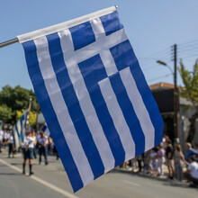 Close-up Of Greek Flag In Front Of Ohi Day Parade In Limassol, Cyprus