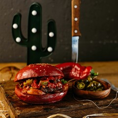 Sticker - Closeup of delicious hamburger and jalapeno peppers on a wooden board