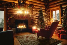 Classic Log Cabin Interior With Christmas Tree, Fireplace, Lounge Armchair, Woden Roof And Walls, Wood Floor. Digital Painting Illustration Mock Up. Xmas Cosy Scene. Atmospheric Warm Interior