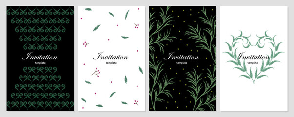 Poster - Invitation decorative template. Embroidery covers, postcards silk stitch branches and flowers. Vector creative art posters, invitations wedding or birthday design