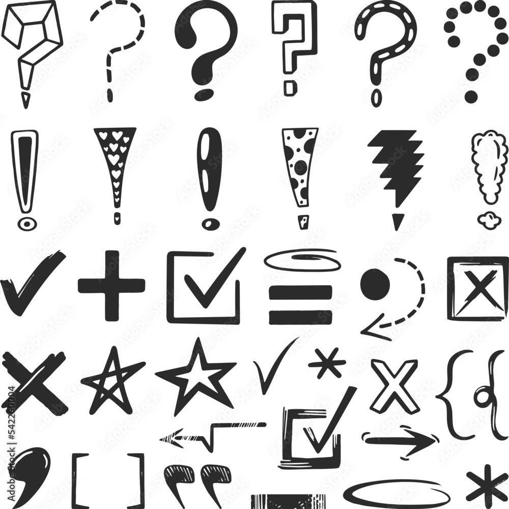 Doodle marks and signs. Sketch question, exclamation sign. Grunge doubt ...