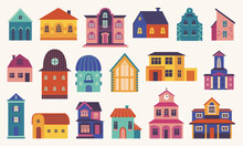 Doodle Flat Home. Different Houses, Front Exterior Little House. Hygge Colorful Tiny Village Buildings. Scandinavian Style City Street Architecture, Neoteric Vector Set