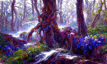 Blue Flowers In A Spring Forest With Trickling Waterfalls, Surreal Digital Painting.
