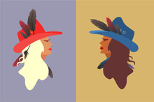 Two Cowboys Women. In Hats, Faces In Profile.Blonde And Brown-haired.