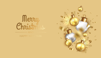 Falling shiny golden confetti and gold christmas balls, gold christmas elements