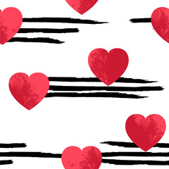 Wall Mural - Seamless pattern with red-pink hearts on a background of black stripes. Vector illustration for the design of printed materials with a romantic theme.