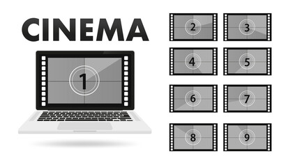 Wall Mural - Movie on laptop. Movie countdown numbers vector set. Countdown to the beginning of the old movie. Vector illustration