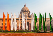 Flags With Colors Of India In Front Of The Government Buildings In New Delhi, Delhi, North India, Asia