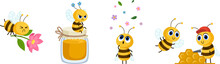 Different Emotions Cute Bees. Working And Flying Bee, Insect With Flower And Honey Jar. Angry And Surprised, Happy Cartoon Vector Characters