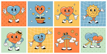 A Set Of Retro Characters From Comics. Cartoon Vintage Hearts With Legs And Arms, Rainbow, Sun.
