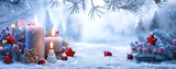 Fototapeta  - Christmas Decorations With Candles On A Snowy Background. Winter Forest Landscape