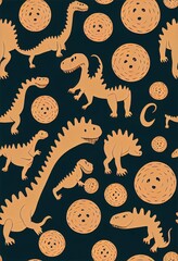 Canvas Print - Grunge seamless pattern with dinosaur on dark background. Print for boys