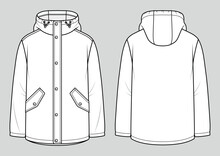 Men's Hooded Raincoat Jacket. Fashion Sketch. Flat Technical Drawing. Vector Illustration.